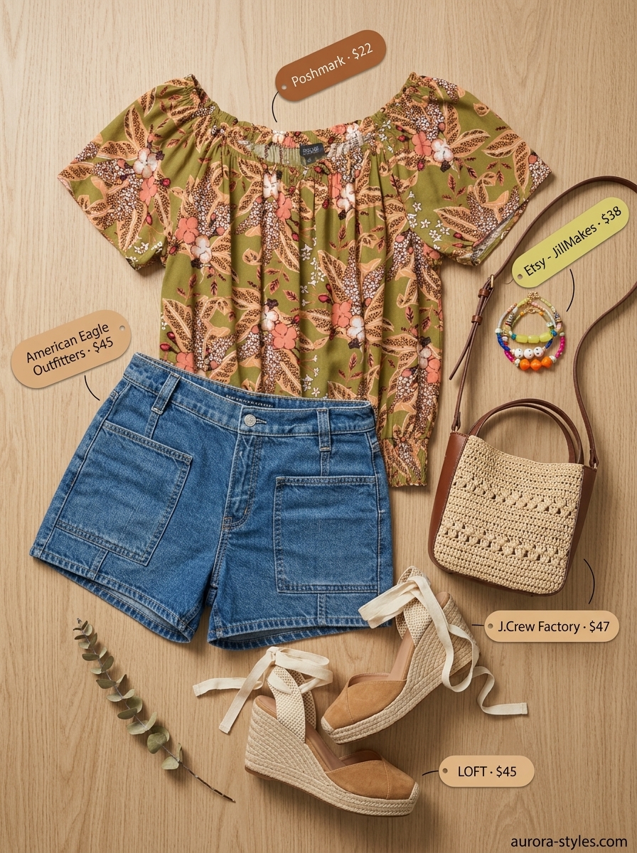 Weekend Brunch Off-Shoulder Top 2026 Weekend Brunch: Floral off-shoulder peasant blouse, denim shorts, espadrilles for a casual day summer off-shoulder outfits for women 2026.