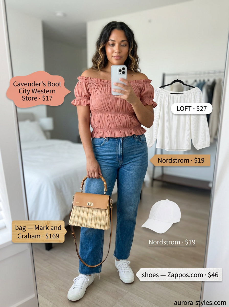 Casual Chic Off-Shoulder Set 2026 Casual Chic: Coral off-shoulder crop top and shorts set, straw bag, sneakers for a summer day out summer off-shoulder outfits for women 2026.