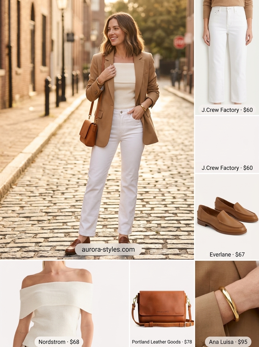 Chic Comfort Off-Shoulder Outfit 2026 Chic Comfort: Cream knit off-shoulder top, white jeans, tan loafers for a casual day out summer off-shoulder outfits for women 2026.