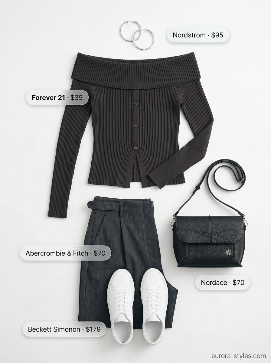 Chic City Off-Shoulder Outfits 2026 Chic summer off-shoulder outfit 2026: Black knit top, grey wide-leg trousers, white sneakers, and crossbody bag for city exploring.