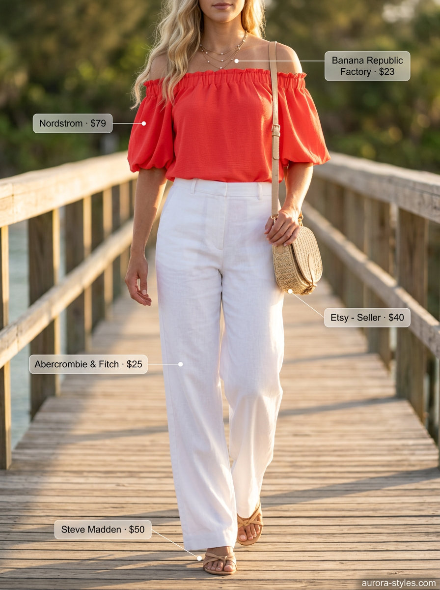 Coastal Breeze Off-Shoulder Outfits 2026 Effortless summer off-shoulder outfit 2026: Coral cotton top, white linen pants, straw crossbody, and leather slides for beach days.