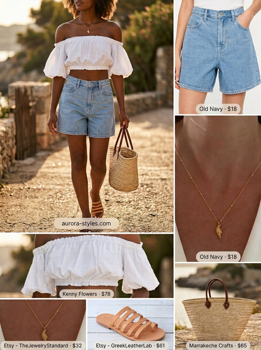 Coastal Breeze Off-Shoulder Outfit 2026 Coastal Breeze: White off-shoulder top, denim shorts, tan slides for beach day summer off-shoulder outfits for women 2026.