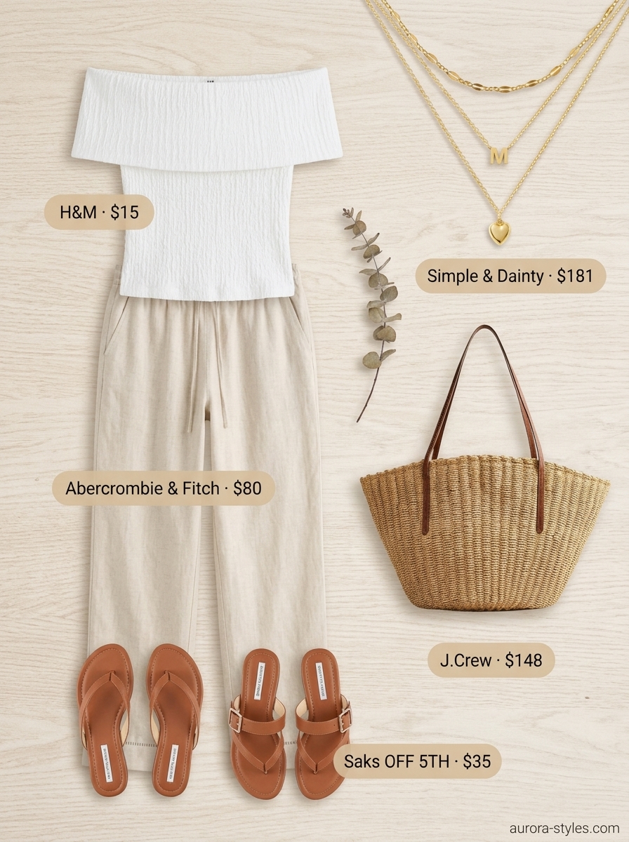 Coastal Breeze Off-Shoulder Outfits 2026 Relaxed summer off-shoulder outfit 2026: White cotton top, beige linen pants, straw tote, and leather slides for beach days.