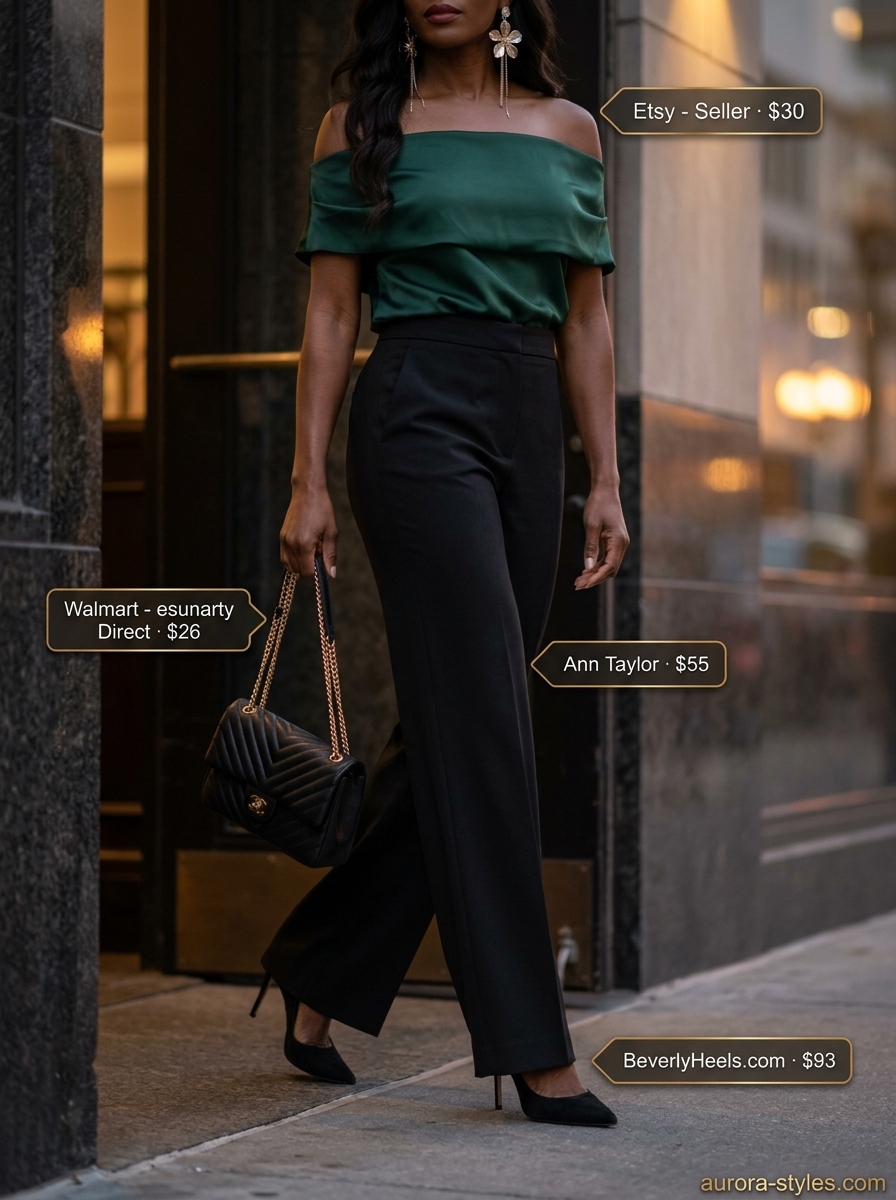 Glamorous Off-Shoulder Outfits 2026 Summer off-shoulder outfits for women 2026: Emerald satin top, black trousers, stiletto heels for evening.