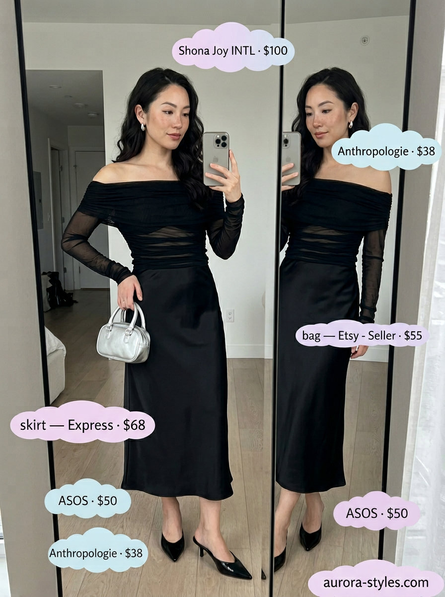 Evening Elegance Off-Shoulder Look 2026 Evening Elegance: Black off-shoulder top, satin midi skirt, silver accessories for dinner date summer off-shoulder outfits for women 2026.