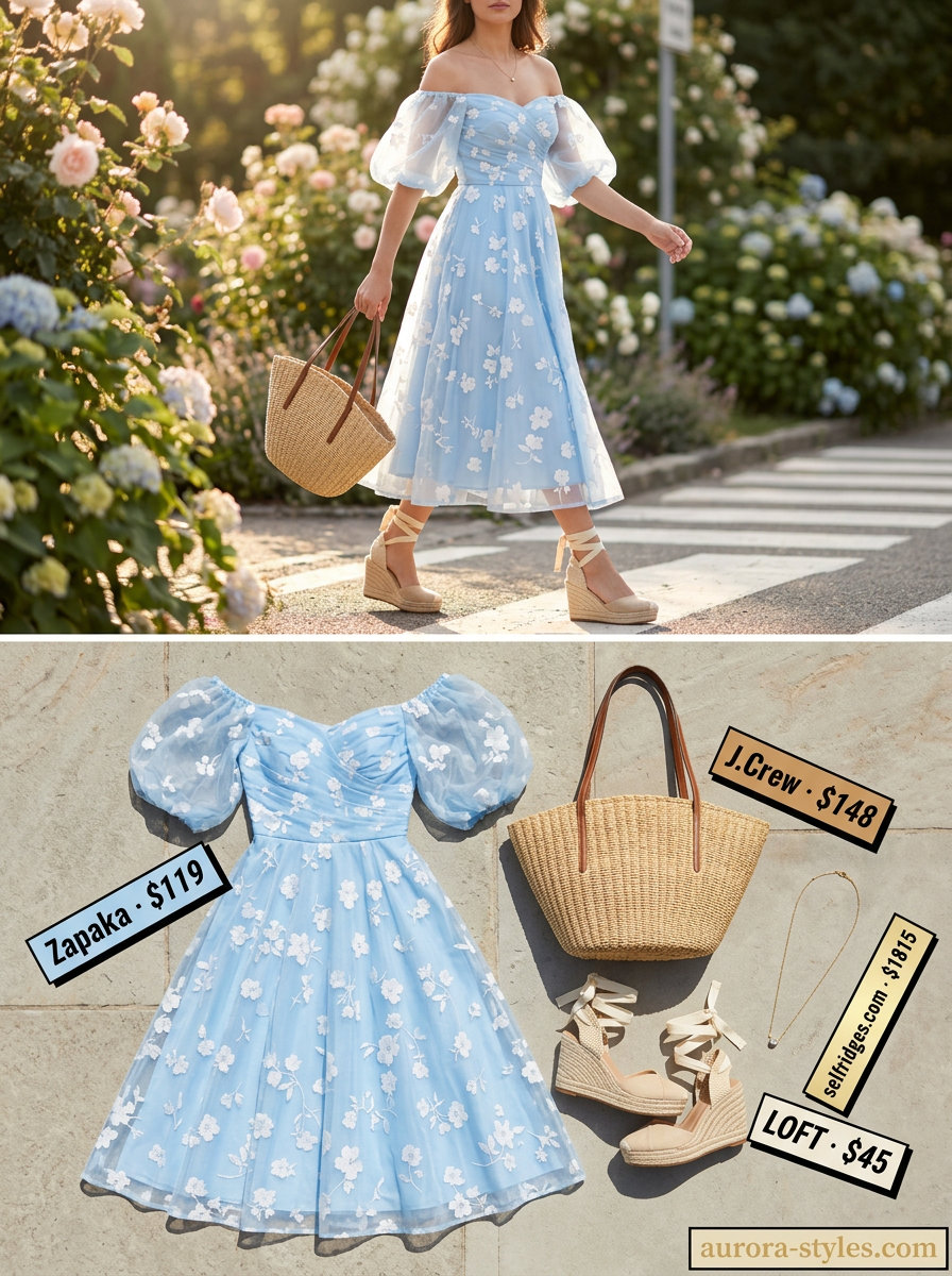 Garden Party Off-Shoulder Outfits 2026 Summer off-shoulder outfits for women 2026: Pastel floral midi dress, straw tote, espadrilles for garden party.