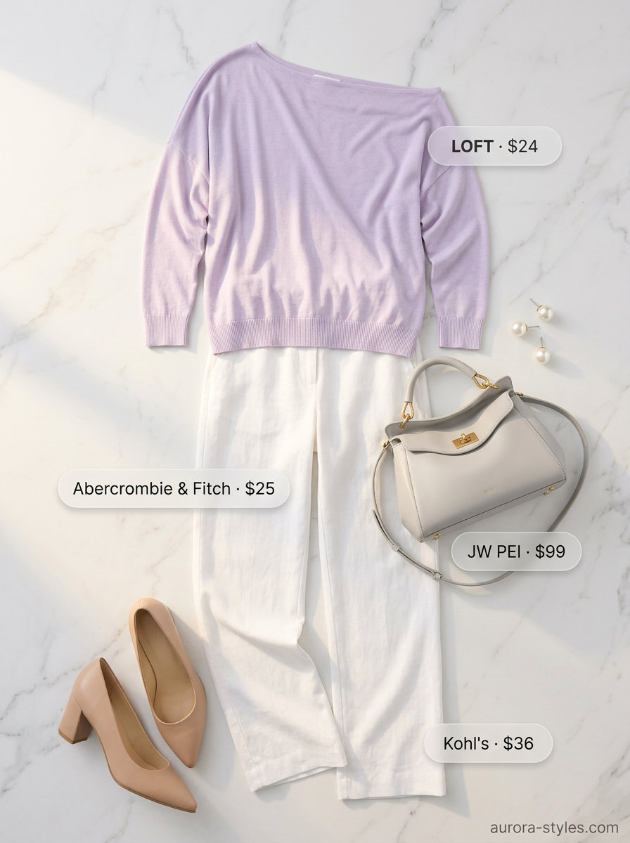 Polished Off-Shoulder Outfits 2026 Summer off-shoulder outfits for women 2026: Lilac top, white trousers, block heels for smart casual.