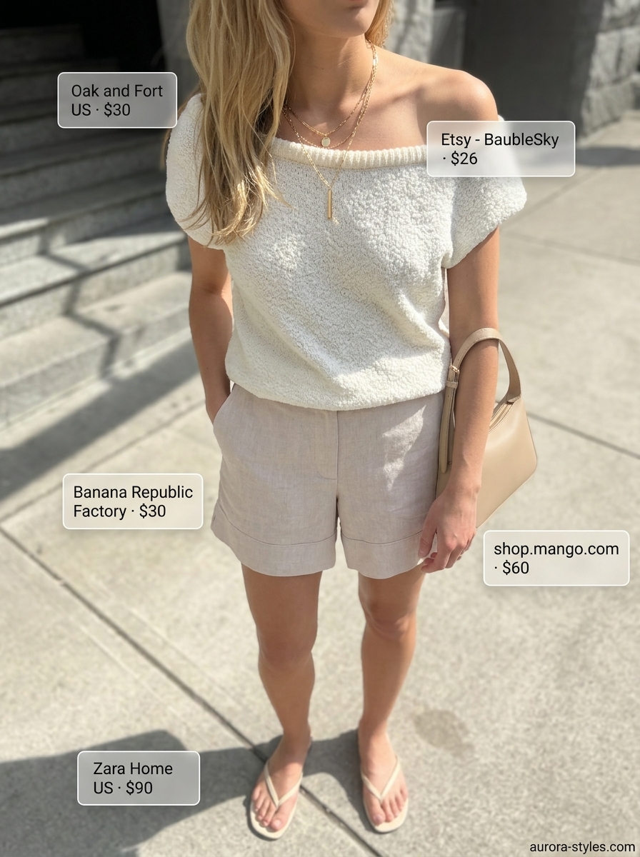 Chic Monochrome Off-Shoulder Outfits 2026 Summer off-shoulder outfits for women 2026: Beige linen shorts, knit top, crossbody bag for chic lunch dates.