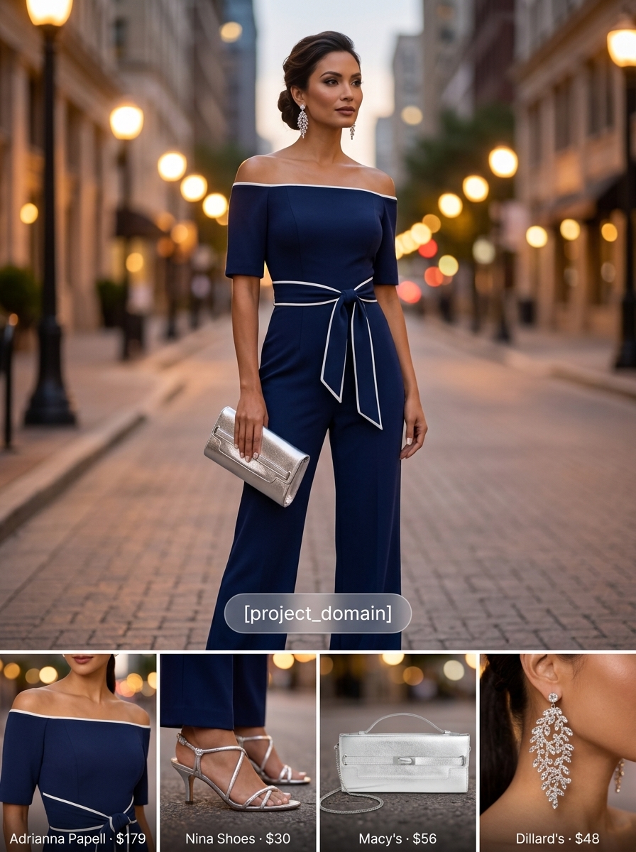 Elegant Jumpsuit Off-Shoulder Outfits 2026 Summer off-shoulder outfits for women 2026: Navy wide-leg jumpsuit, silver heels for evening events.