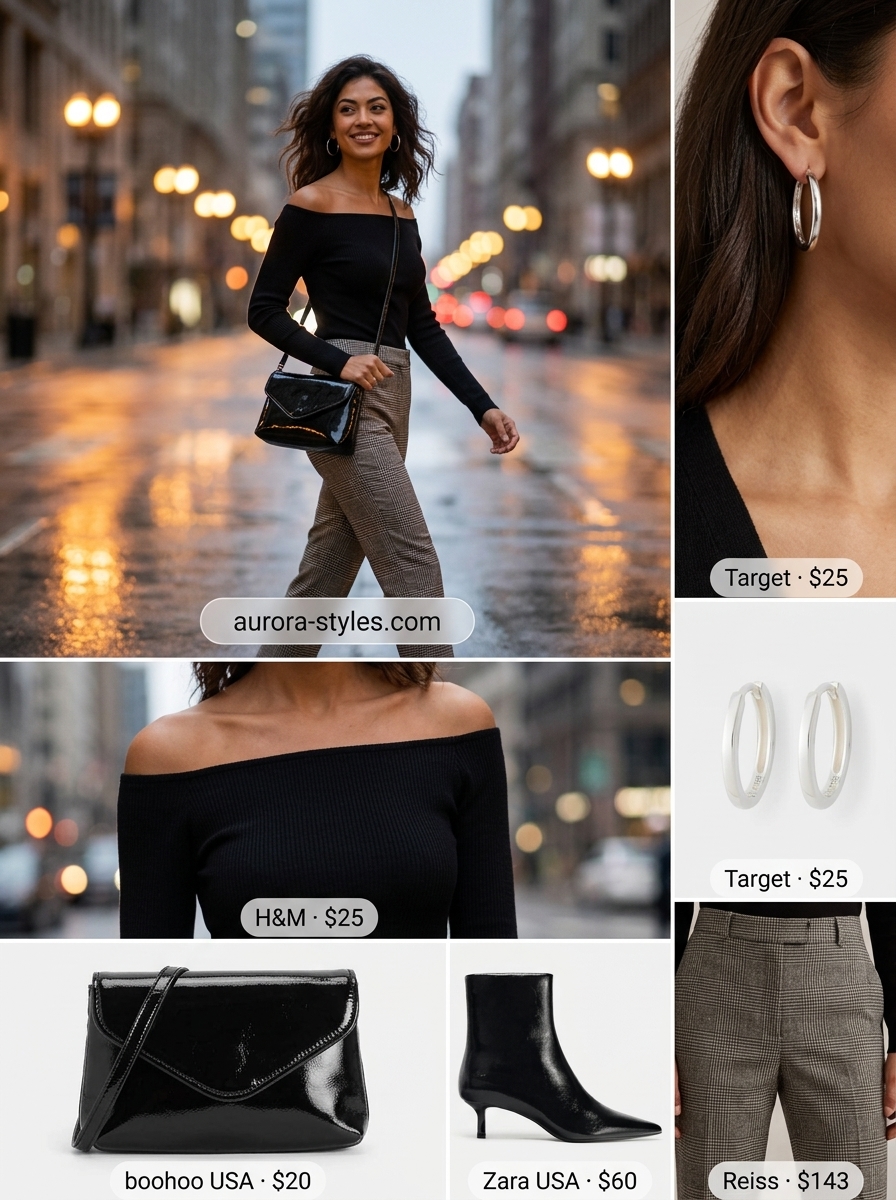 Summer off-shoulder outfits for women 2026: Grey plaid pants, black knit top, ankle boots for city evening.