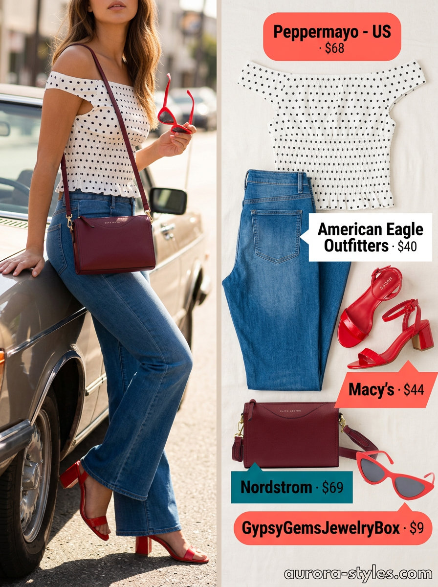 Retro Romance Off-Shoulder Style 2026 Retro Summer Romance: Polka dot off-shoulder top, denim jeans, red accessories for a fun summer off-shoulder outfits for women 2026.