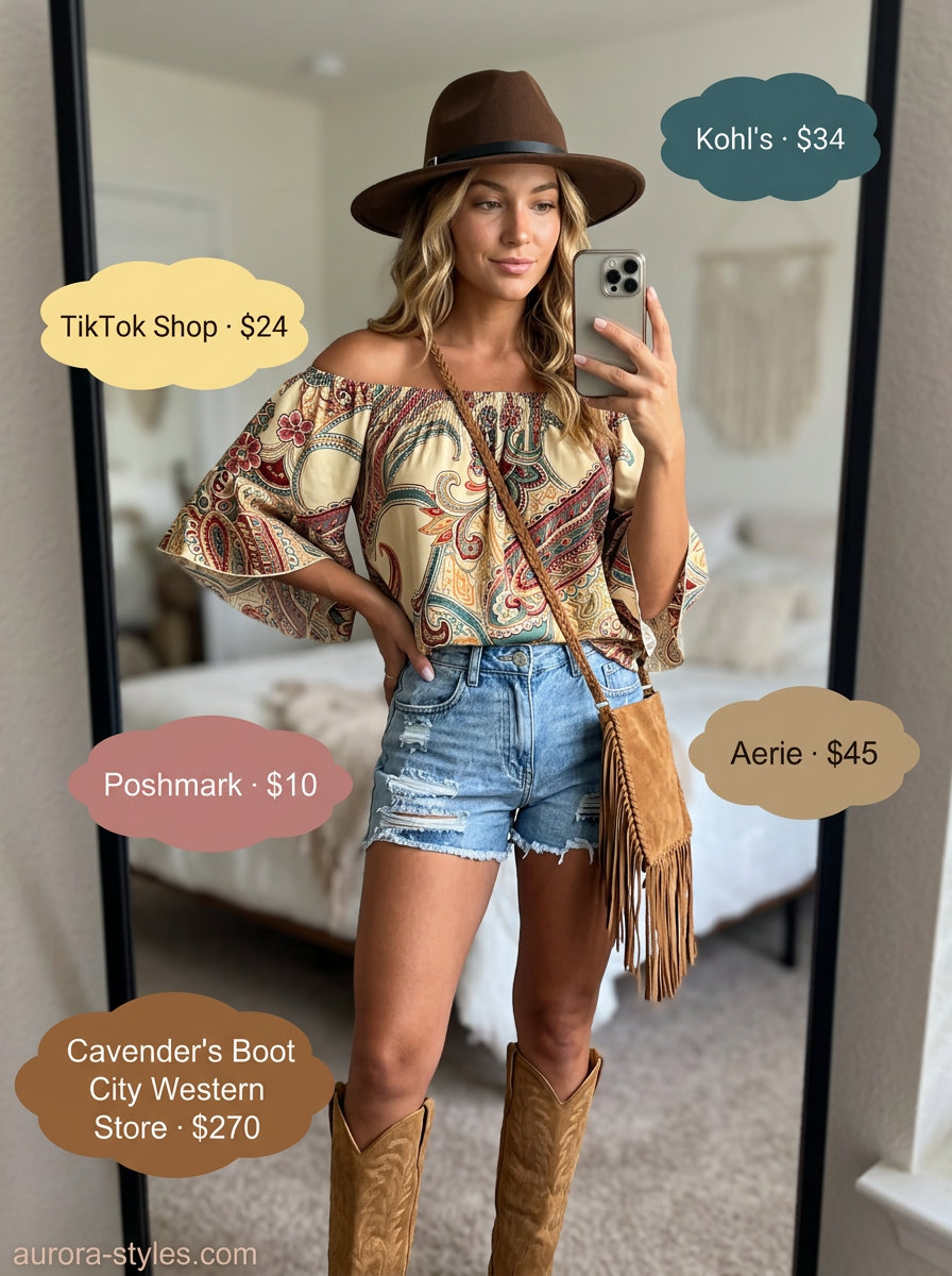 Summer Festival Off-Shoulder Outfits 2026 Bohemian summer off-shoulder outfit 2026: Paisley peasant blouse, denim shorts, fringe bag, and cowboy boots for festivals.