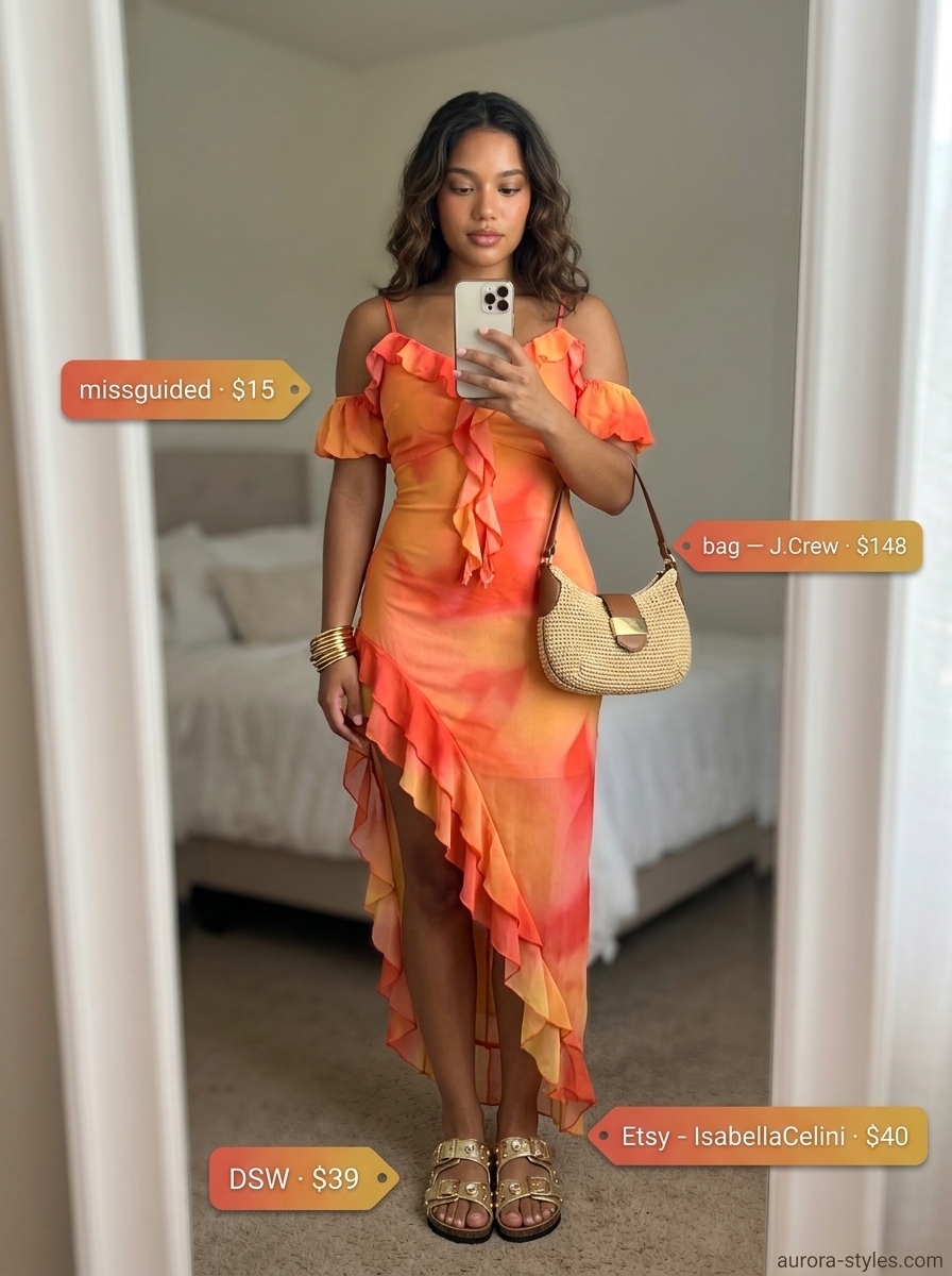 Sunset Glow Off-Shoulder Maxi Outfits 2026 Romantic summer off-shoulder maxi dress 2026: Sunset gradient dress, embellished sandals, and gold bangles for beach evenings.