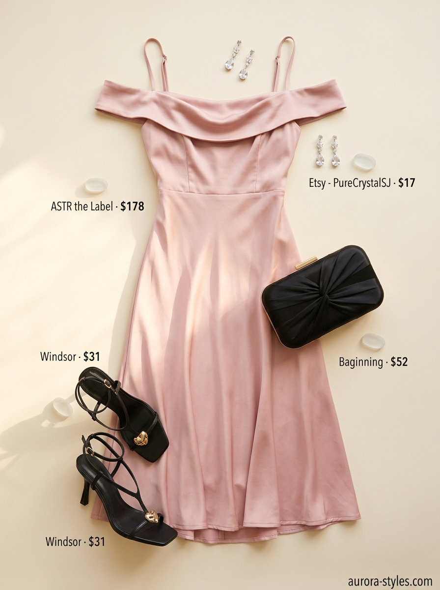 Elegant Off-Shoulder Dress Outfits 2026 Elegant summer off-shoulder dress 2026: Blush pink satin midi dress, black clutch, and strappy heels for weddings and parties.