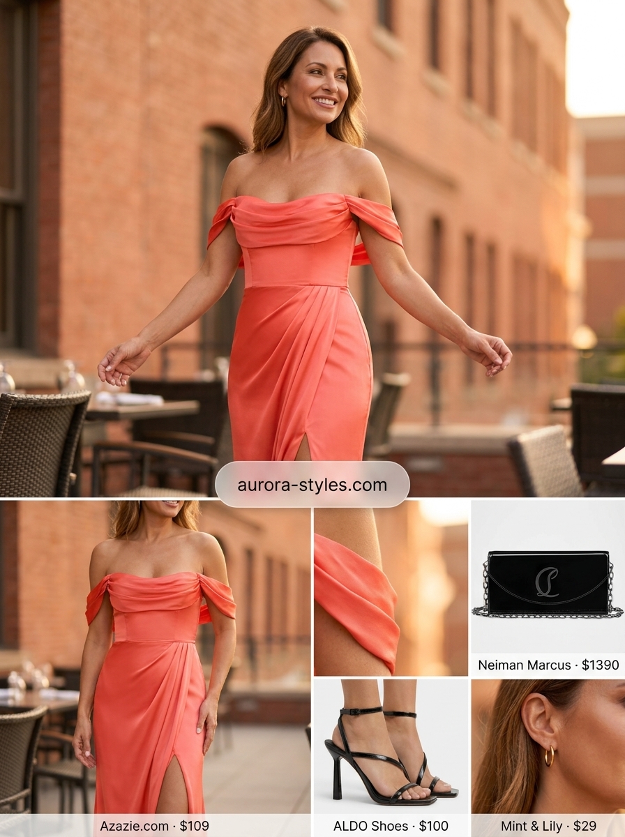 Sunset Soirée Off-Shoulder Dress 2026 Sunset Soirée: Coral off-shoulder midi dress, gold earrings, black sandals for a date night summer off-shoulder outfits for women 2026.
