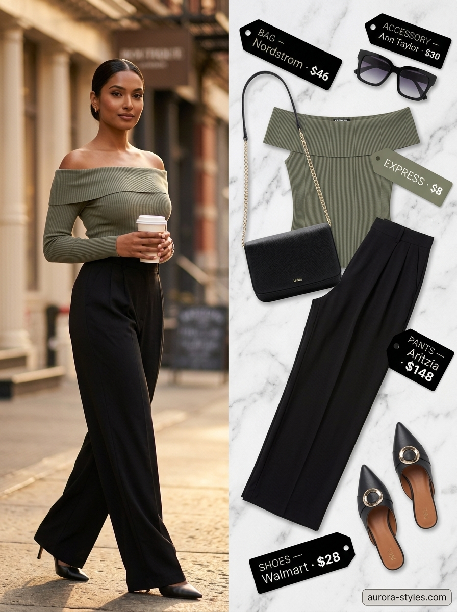 Urban Oasis Off-Shoulder Sets 2026 Trendy summer off-shoulder set 2026: Olive green crop top, wide-leg pants, mules, and crossbody bag for city exploration.