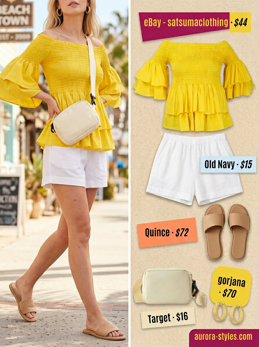Vacation Off-Shoulder Outfits 2026 Summer off-shoulder outfits for women 2026: Yellow blouse, linen shorts, crossbody bag for vacation.