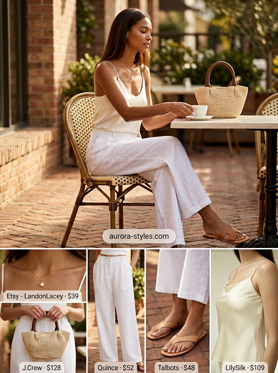 Summer old money outfit for women 2026: White linen pants, ivory silk cami, tan slides, raffia bag, gold pearl necklace.