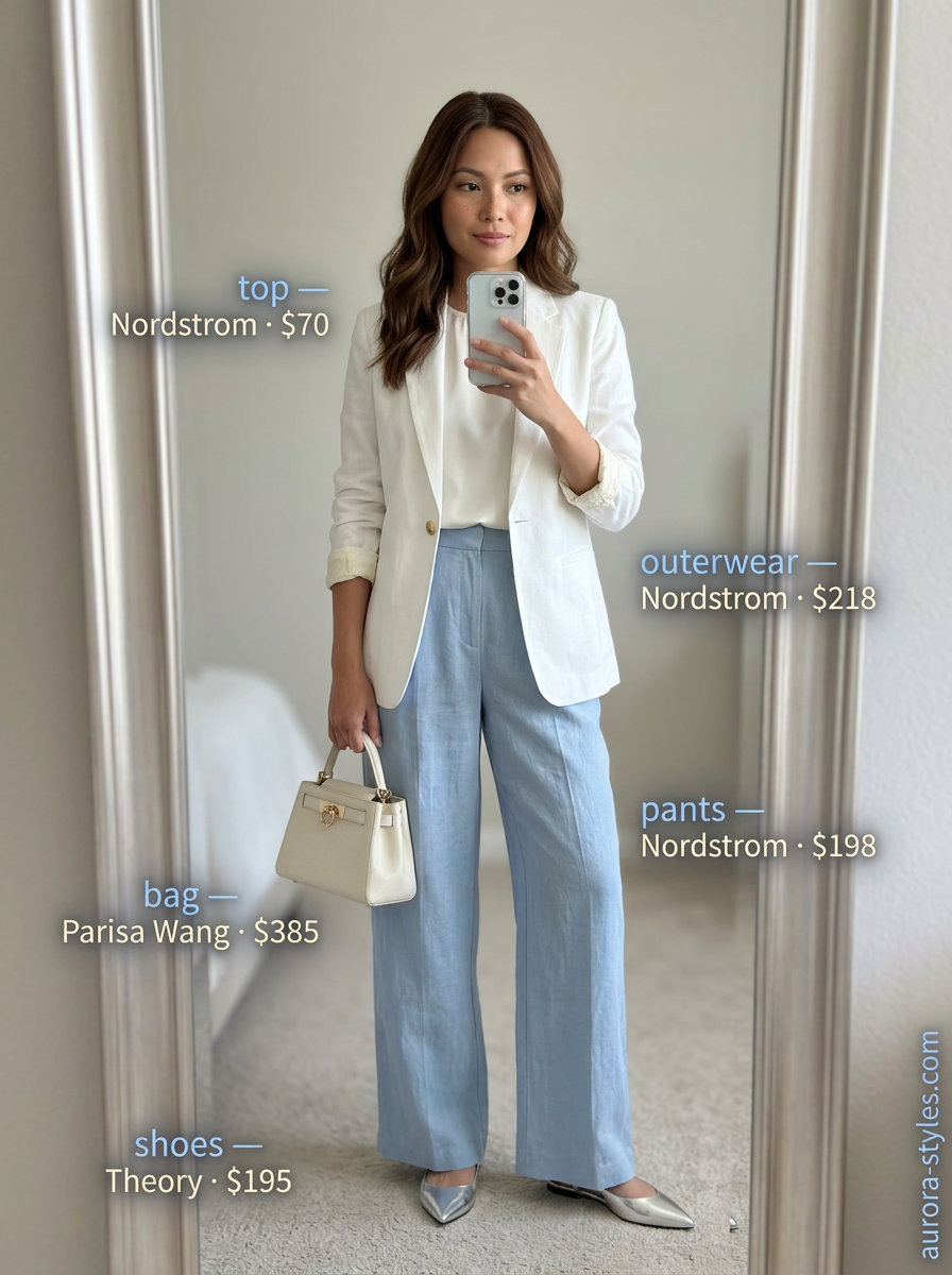 Summer old money outfit for women 2026: Powder blue linen pants, white blazer, silk cami, silver flats.