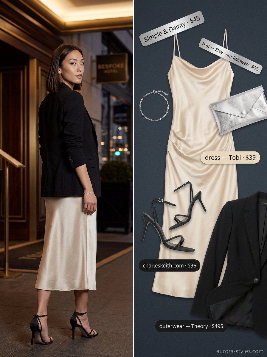 Summer old money outfit for women 2026: Champagne silk slip dress, black blazer, silver sandals & clutch.