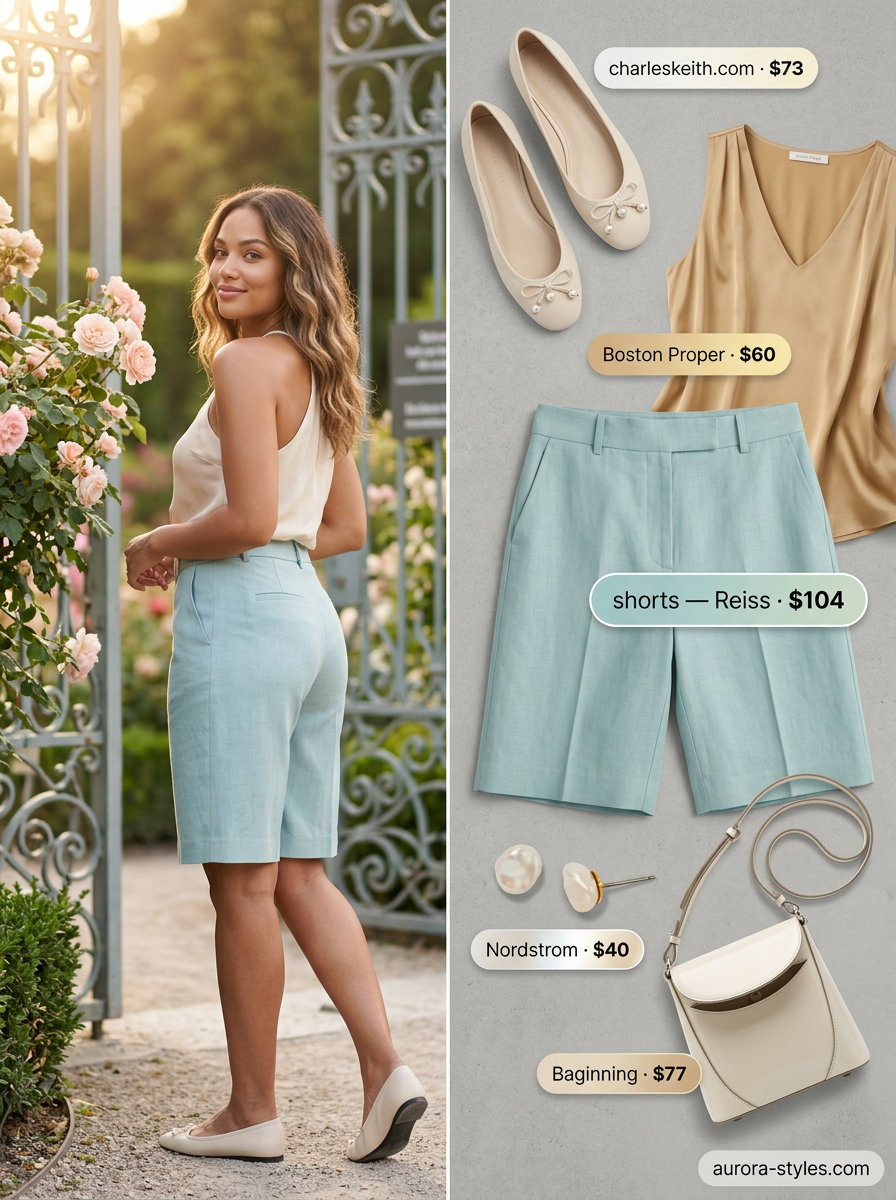 Summer old money outfit for women 2026: Blue linen shorts, cream silk blouse, beige bag, pearl earrings.