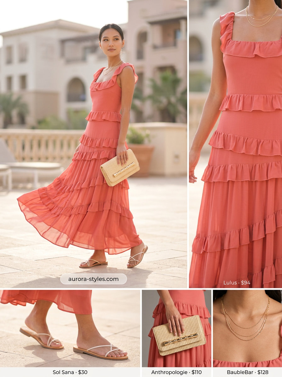 Summer old money outfit for women 2026: Coral maxi dress, gold necklaces, straw clutch, off-white slides.
