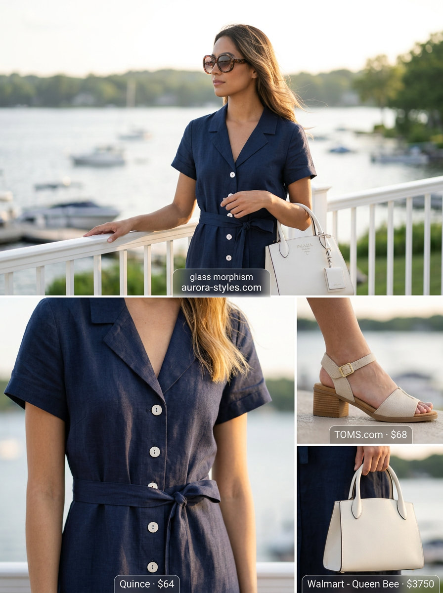 Summer old money outfit for women 2026: Navy linen shirt dress, tan espadrilles, cream bag, tortoiseshell sunglasses.