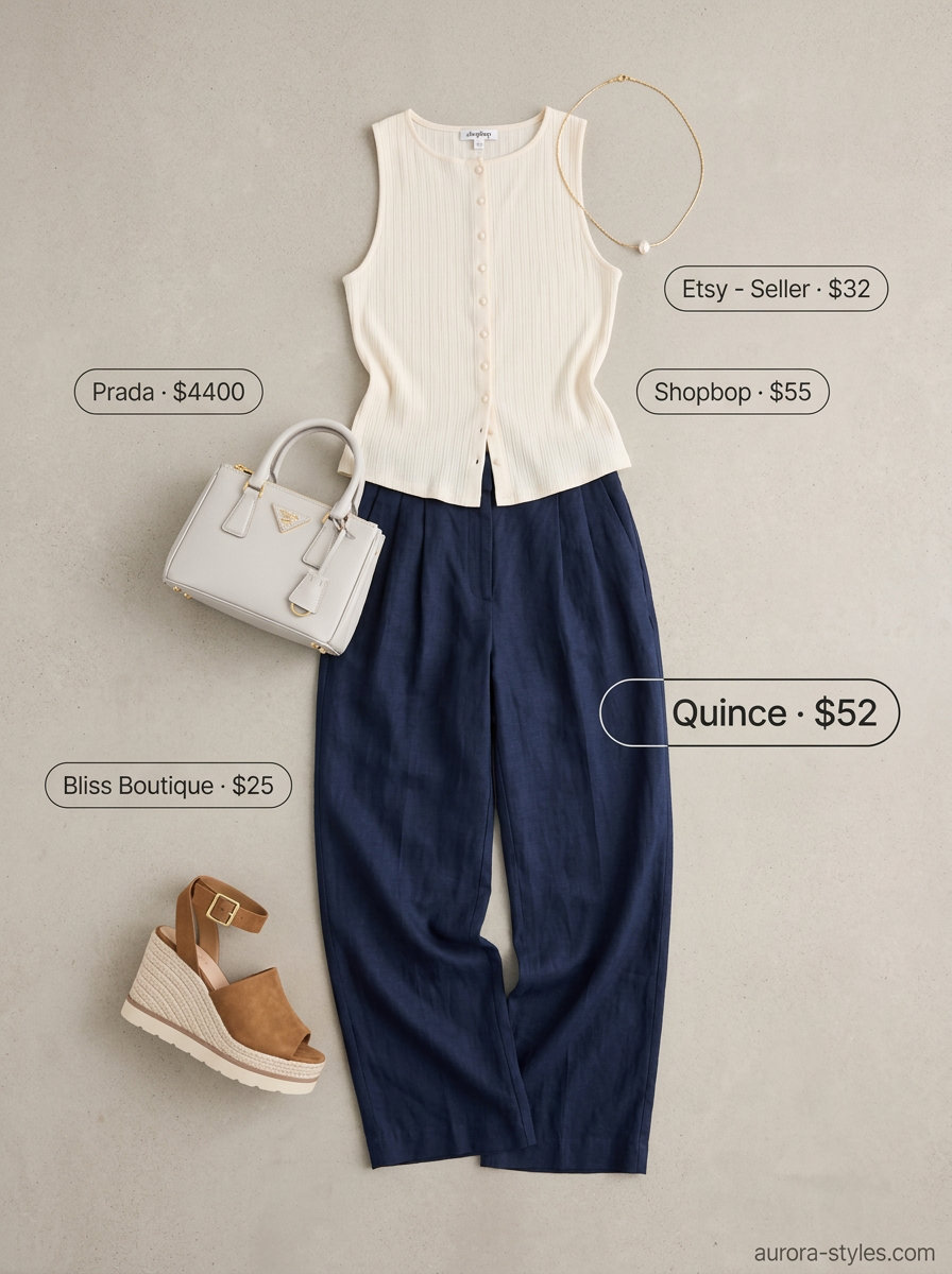 Summer old money outfit for women 2026: Navy linen pants, cream knit top, wedge espadrilles, gold necklace.