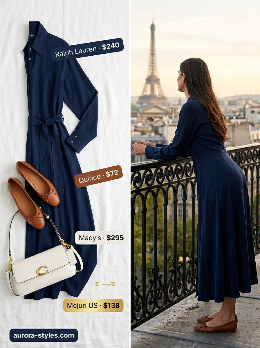 Summer old money outfit for women 2026: Navy shirt dress, cognac flats, white bag for city stroll.