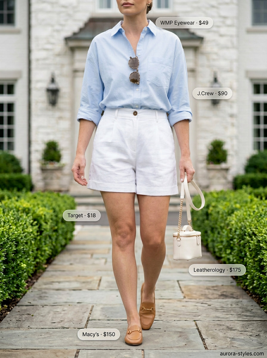 Summer old money outfit for women 2026: White linen shorts, sky blue shirt, tan loafers for coastal brunch.