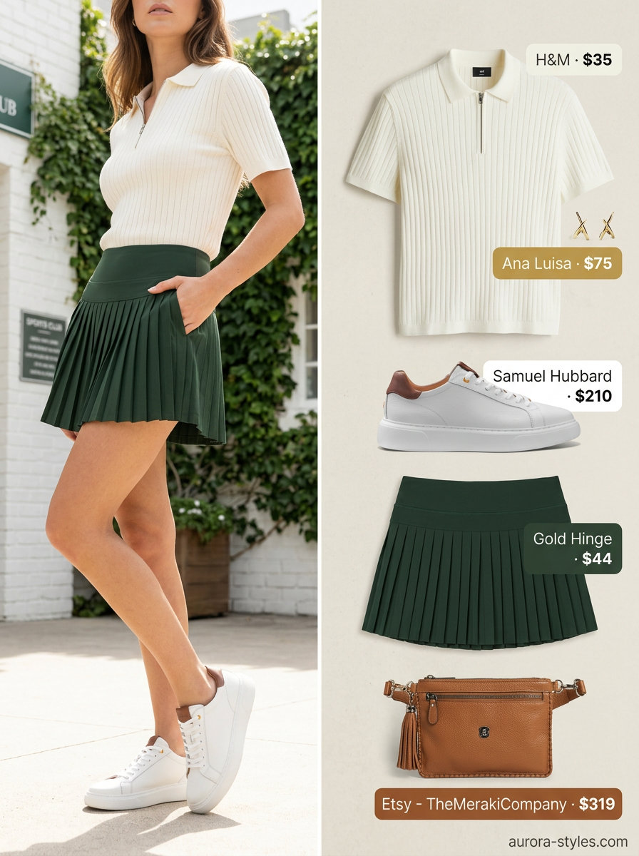 Summer old money outfit for women 2026: Green tennis skirt, cream polo, gold earrings for weekend club.