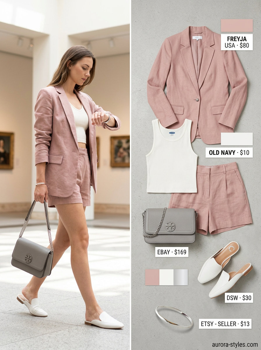 Summer old money outfit for women 2026: Dusty rose blazer set, white tank, silver bracelet for gallery opening.