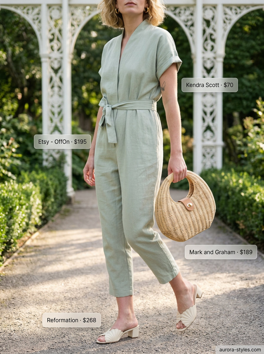 Summer old money outfit for women 2026: Sage green jumpsuit, ivory mules, gold earrings for garden party.