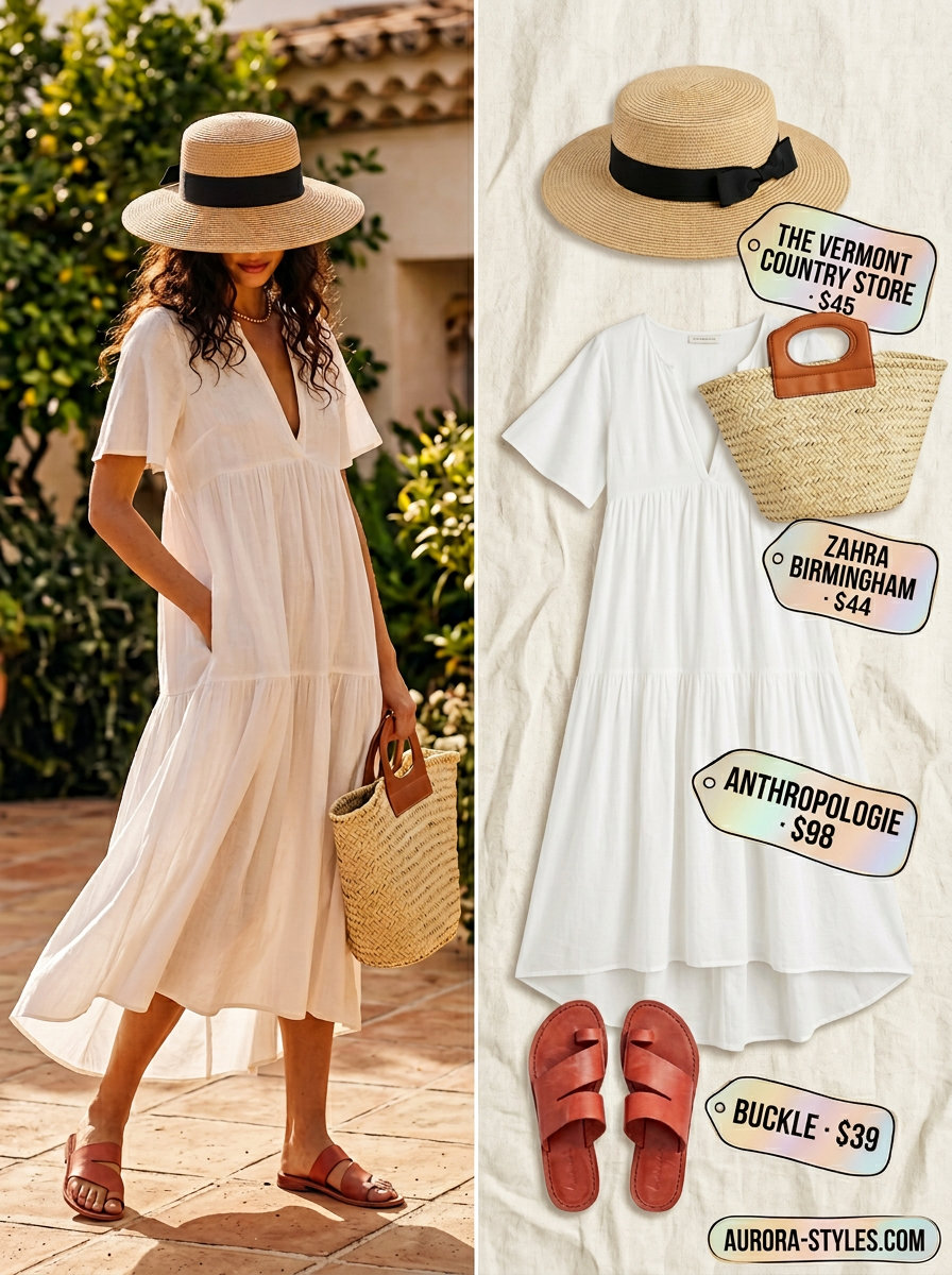 Summer old money outfit for women 2026: Off-white maxi dress, straw hat, terracotta sandals for resort vacation.