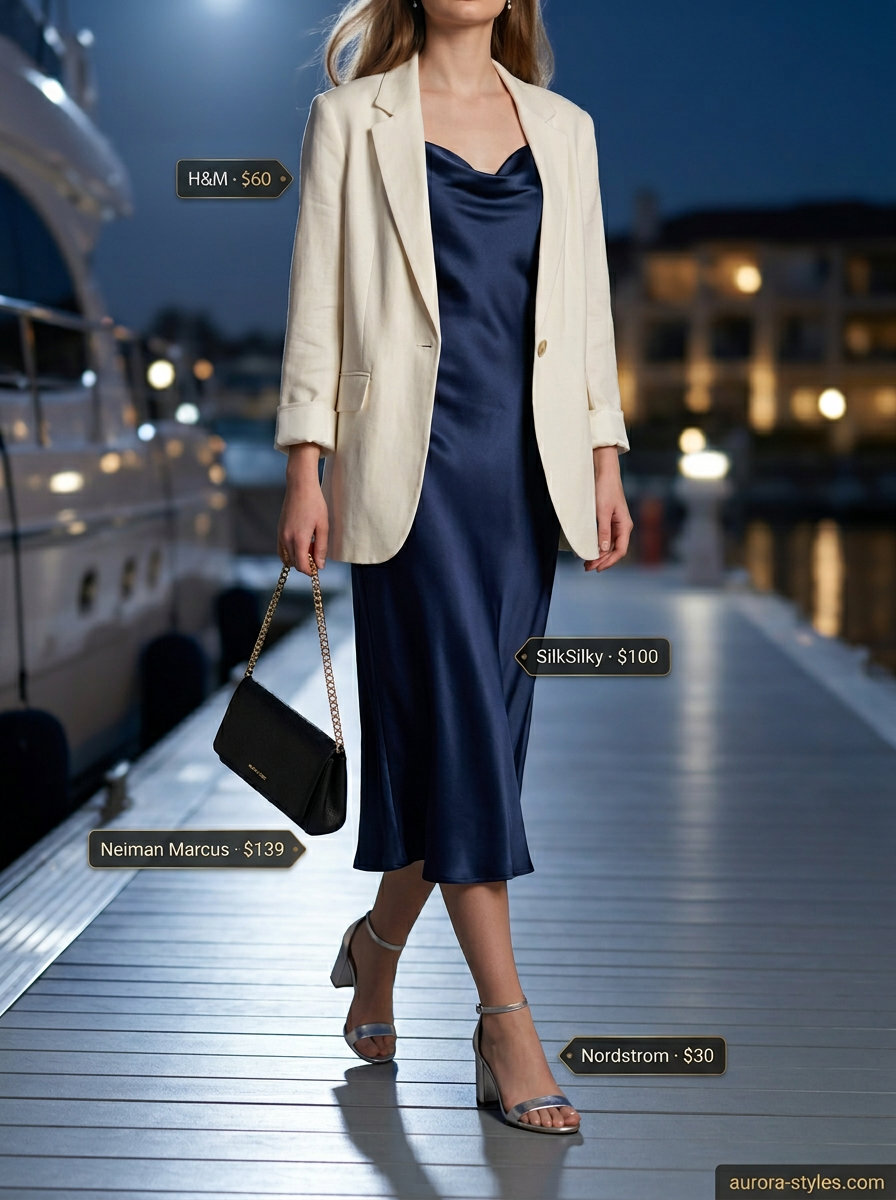 Summer old money outfit for women 2026: Navy silk dress, ivory blazer, silver sandals for evening cocktails.