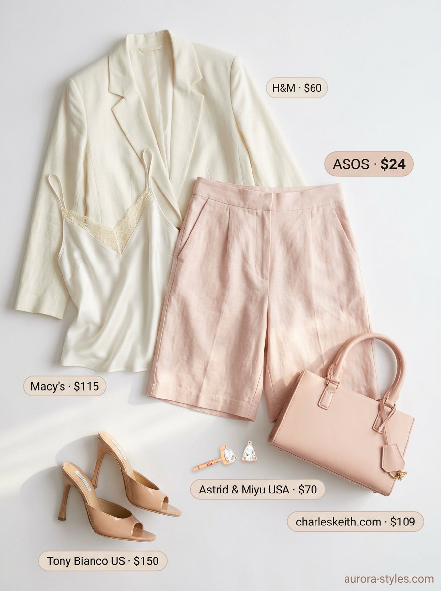 Summer old money outfit for women 2026: Blush pink shorts, ivory cami, cream blazer for a polo match.
