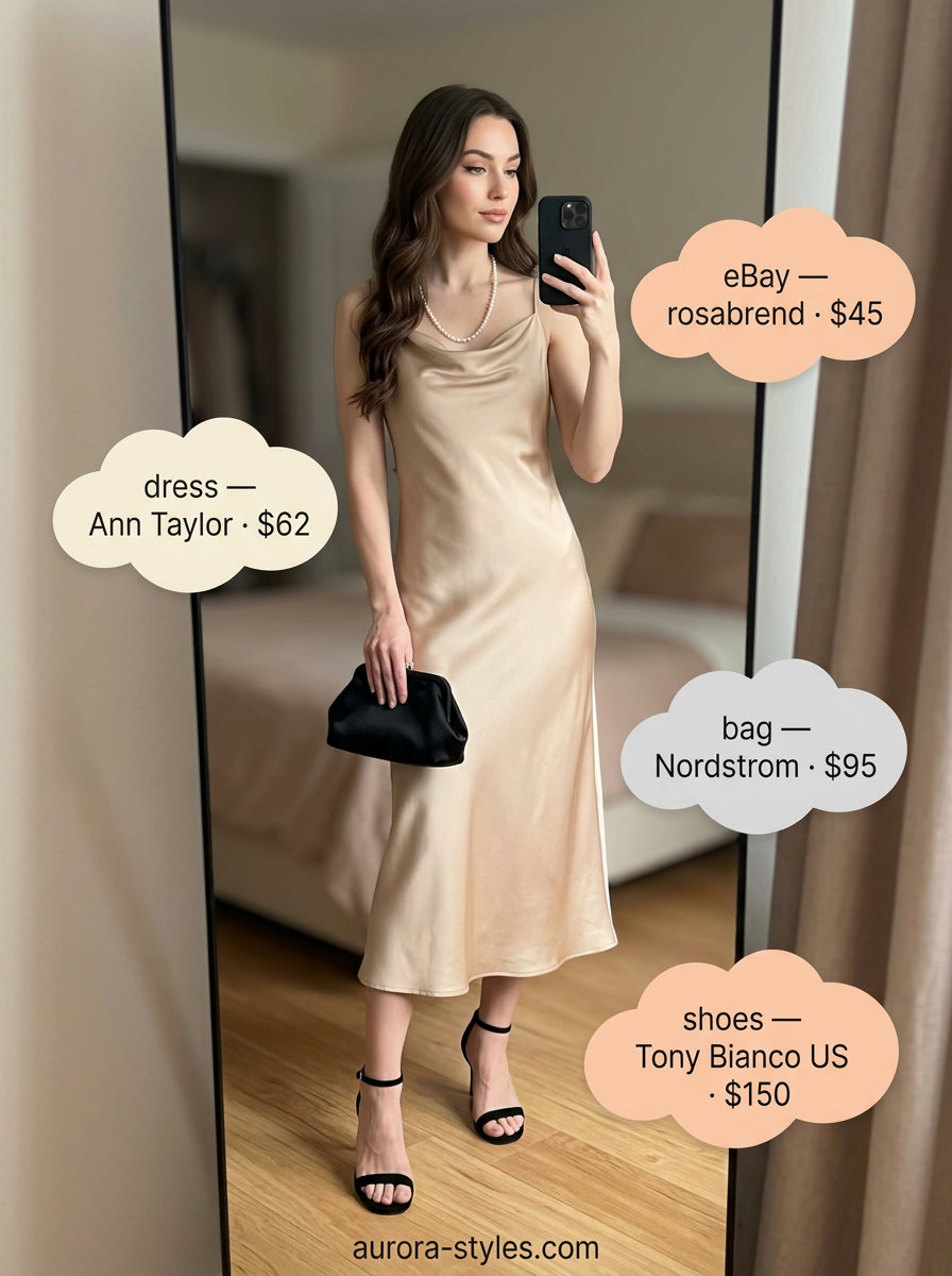 Summer old money outfit for women 2026: Champagne silk slip dress, black strappy heels, pearl necklace for a romantic date night.
