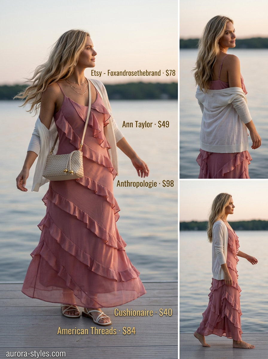 Summer old money outfit for women 2026: Dusty rose maxi dress, ivory cardigan, cream sandals for a lakeside retreat.
