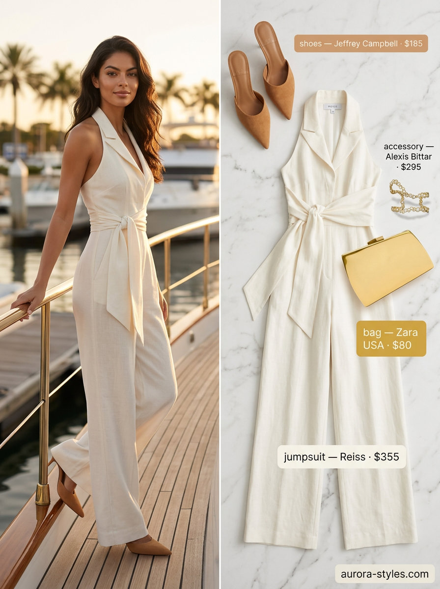 Summer old money outfit for women 2026: Ivory linen jumpsuit, camel mules, gold cuff for an evening event.