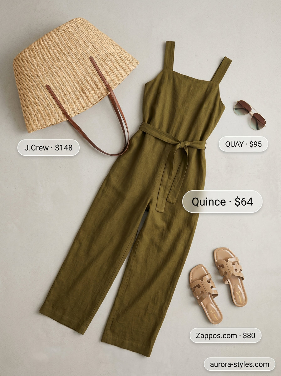 Summer old money outfit for women 2026: Olive green jumpsuit, beige sandals, aviator sunglasses for vacation dinner.