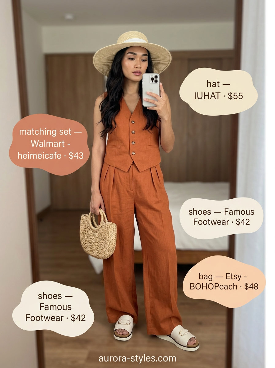 Summer old money outfit for women 2026: Terracotta linen set, cream slides, straw hat for a vacation day out.
