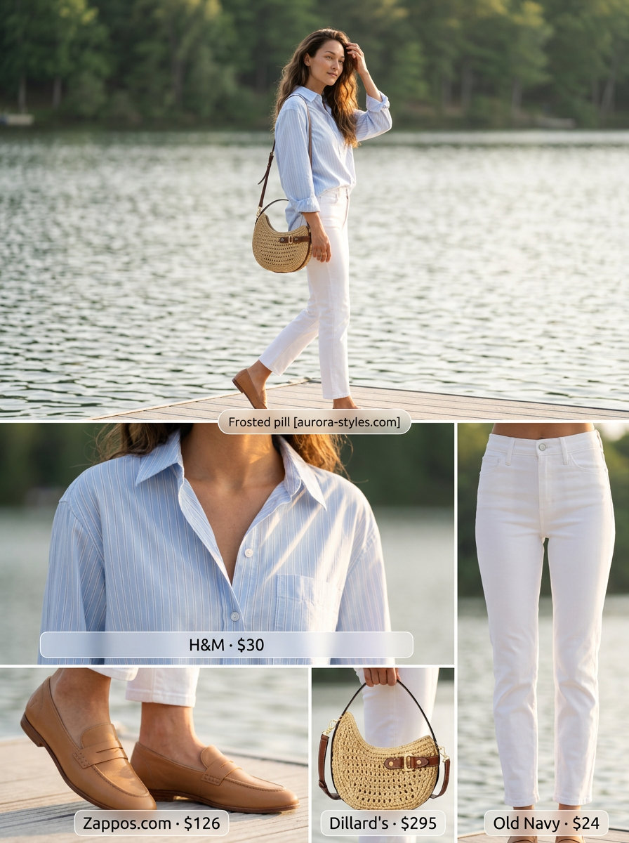 Summer old money outfit for women 2026: White jeans, blue striped shirt, tan loafers for a relaxed lake house weekend.