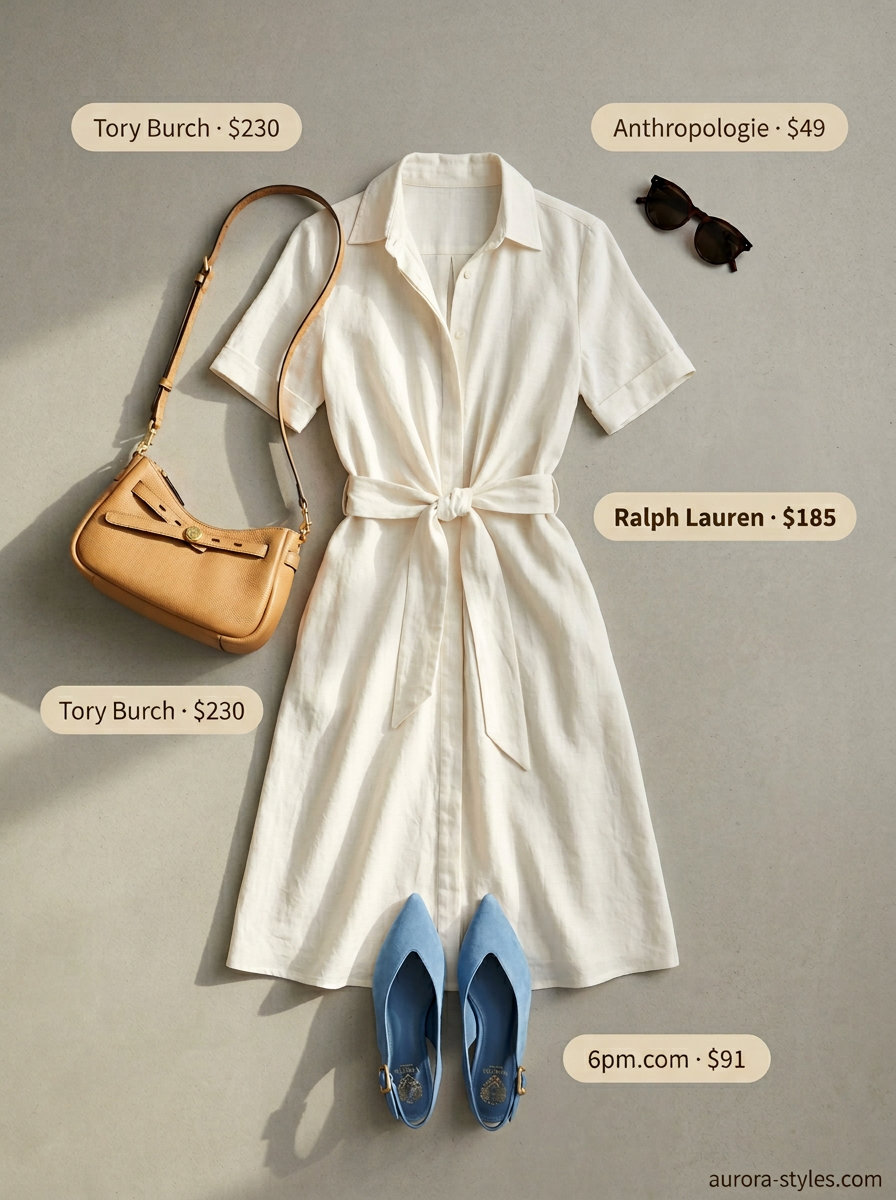 Summer old money outfit for women 2026: White linen shirt dress, blue flats, tortoiseshell sunglasses for a garden party.
