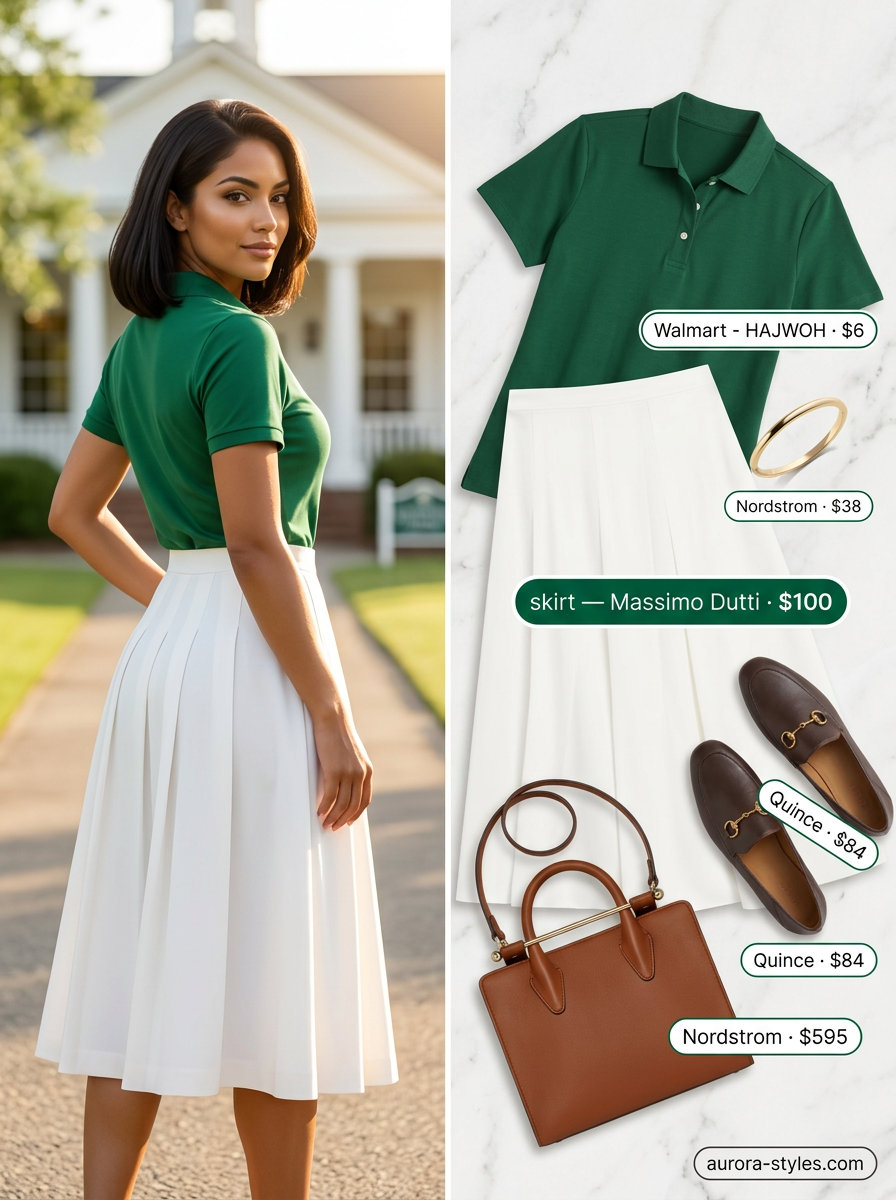 Summer old money outfit for women 2026: White pleated skirt, emerald polo, brown tote for a polo match.