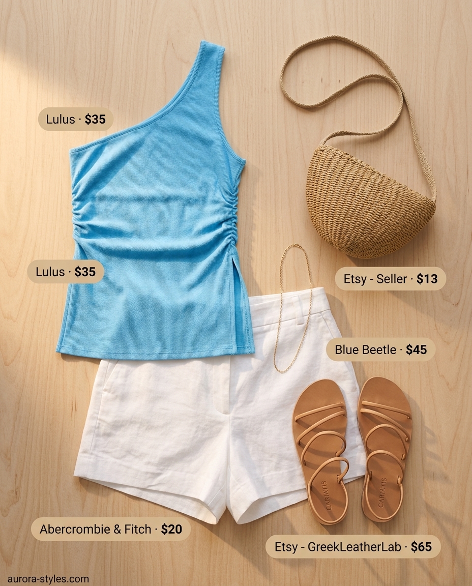 Coastal Breeze one shoulder top outfit for women 2026: Sky blue tank, white linen shorts, straw bag, gold necklace, tan sandals.