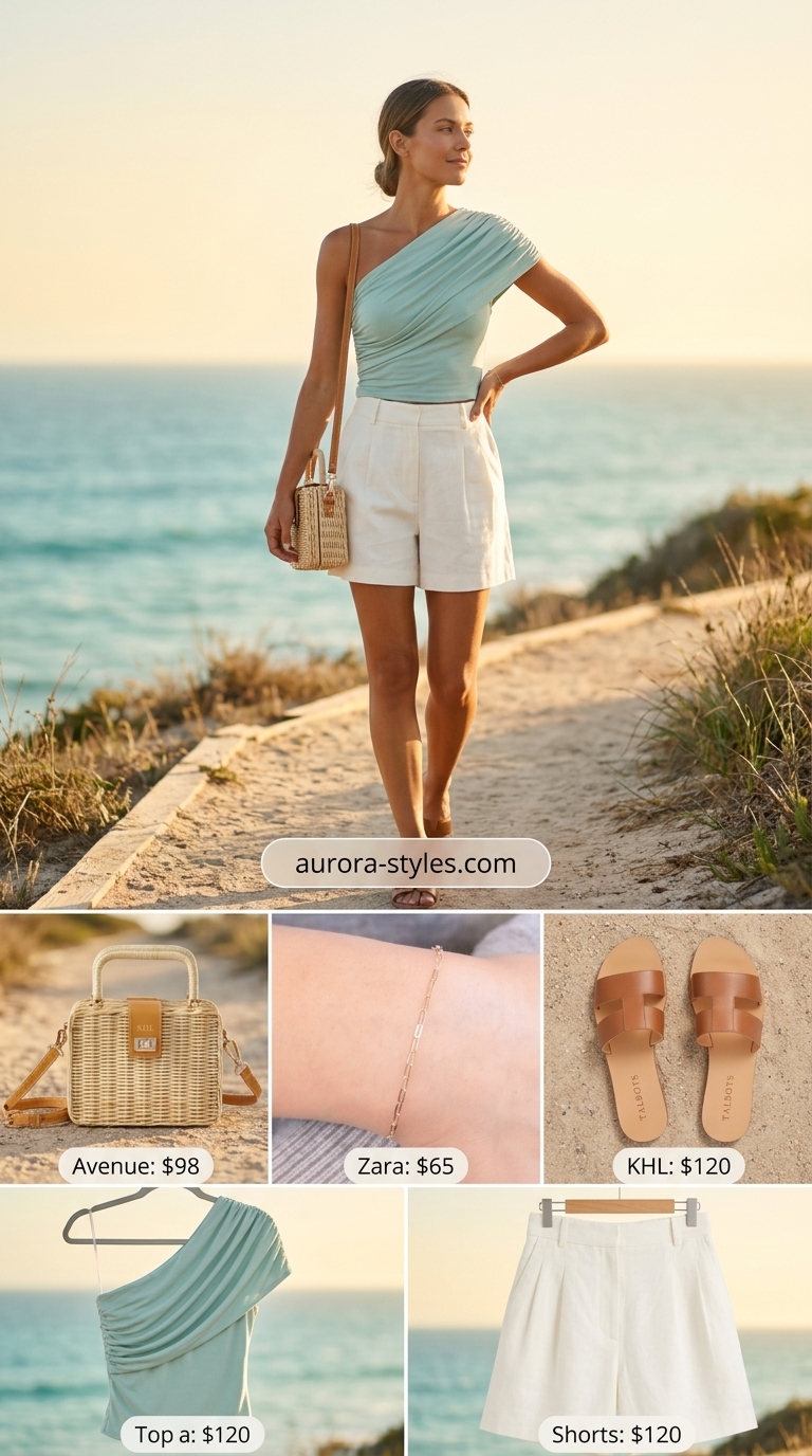 Coastal Breeze one shoulder top outfit for women 2026: Seafoam green knit top, white linen shorts, straw bag, gold jewelry.