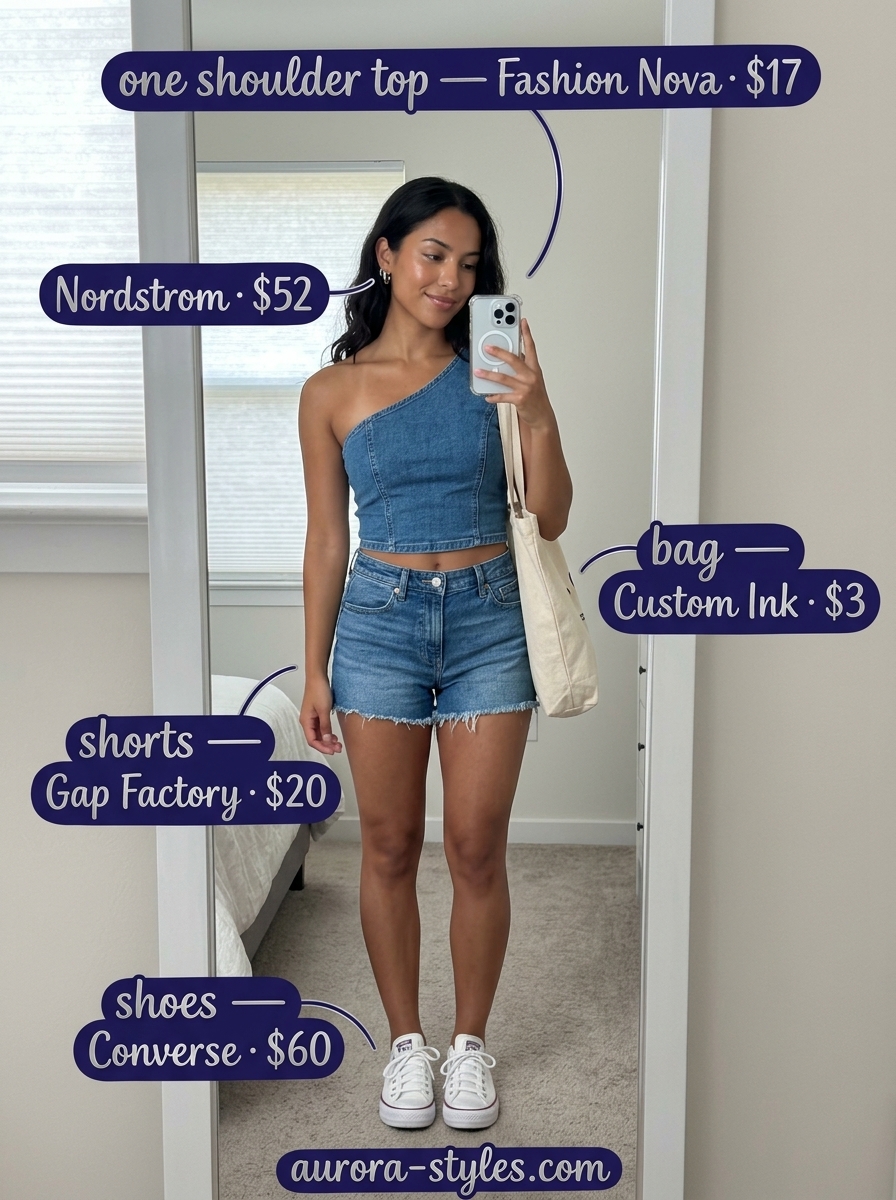 Denim Delight one shoulder top outfit for women 2026: Denim crop top, denim shorts, white sneakers, canvas tote, silver hoops.