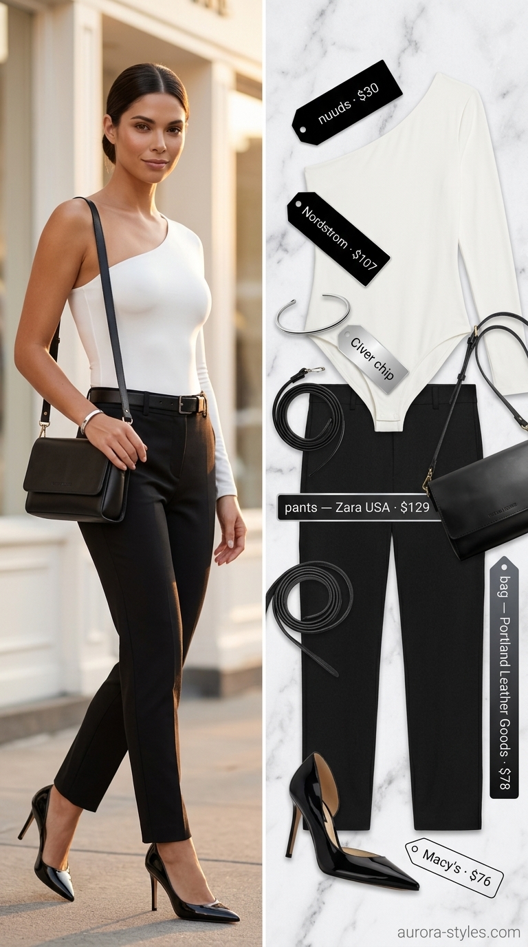 Modern Minimalist one shoulder bodysuit outfit for women 2026: Ivory bodysuit, black trousers, silver bracelet, black heels, black bag.