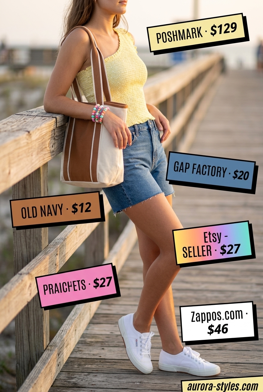 Playful Summer one shoulder top outfit for women 2026: Yellow top, denim shorts, white sneakers, canvas tote, beaded bracelets.