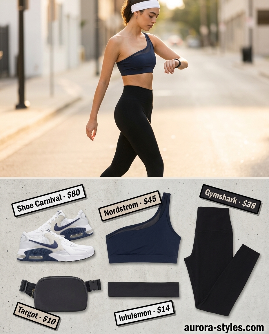 Sporty Chic one shoulder top outfit for women 2026: Navy sports bra, black leggings, white sneakers, black belt bag, headband.